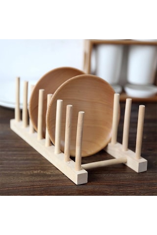 Ahşap Tabaklık, Doğal Ahşap Mutfak Organizeri, 28x13x10 Cm, 6 Bölmeli Tabak Tutucu -