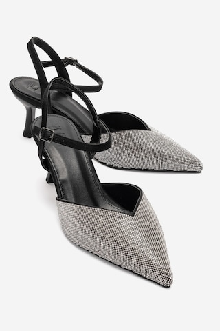 Luvi Shoes Nıvora Siyah Gümüş Taşlı Kadın İnce Topuklu Abiye Ayakkabı