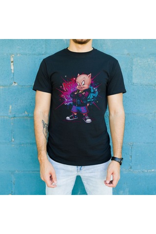 Vinevesta Porky Pig Graffiti Baskılı Unisex Siyah Oversize Tişört - 24/1 Penye Çok Renkli