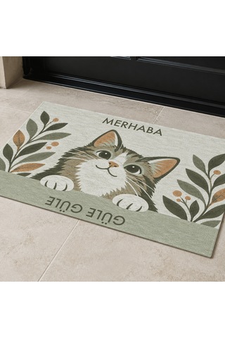 Kartela Halı Merhaba Güle Güle Kedili Kapı Paspası Adaçayı Yeşili Kaymaz Kauçuk Taban 60x90 Cm