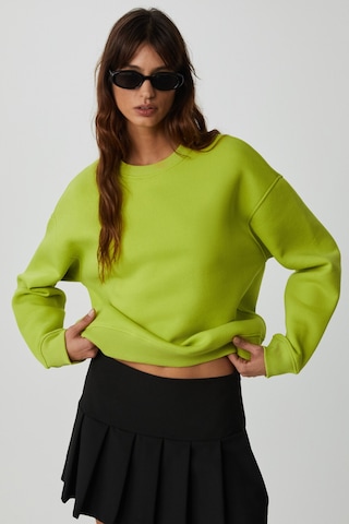 Grimelange VANELTINA Kadın İçi Polarlı 3 İplik Organik Pamuk Oversize Basic Bisiklet Yaka Fıstık Yeşili Sweatsh
