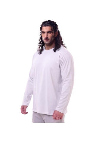 Erkek Büyük Beden 115 - 155 Kilo Arası Uygun Bedenli % 100 Pamuk Uzun Kol Bisiklet Yaka Sweatshirt Beyaz