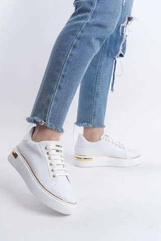 Mevese Elora Bağcıklı Konfor Taban Kadın Sneaker Beyaz/altın