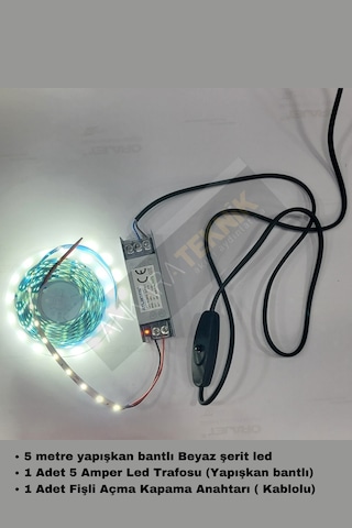 Mutfak Dolabı Için 5 Mt. Beyaz Şerit Led 12v Adaptör Aç Kapa