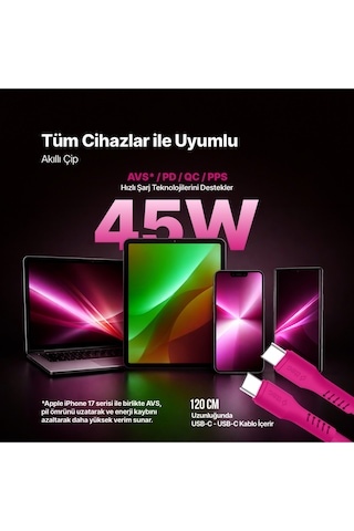 Ttec Smartcharger Gan 45W Avs PD Seyahat Hızlı Şarj Aleti + USB-C - USB-C 3A 120 CM Kablo Neon Pembe