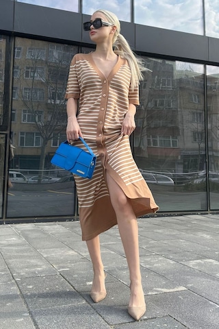 Madmext Camel Düğmeli Triko Kadın Elbise Mg1648-camel