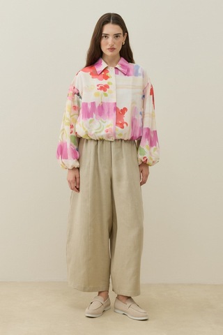 Molene Ekru Floral Tuval Desen Keten Bomber Ceket