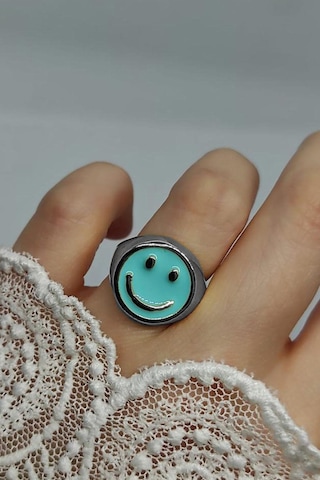 Gümüş Renk Turkuaz Mineli Gülen Surat Yüzük Ayarlanabilir Her Parmağa Olur - 2298 Altın