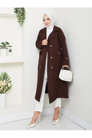 Hb Harma Time Butik Kadın Örme Kapitone Kuşaklı Düğmeli Kahverengi Trenç