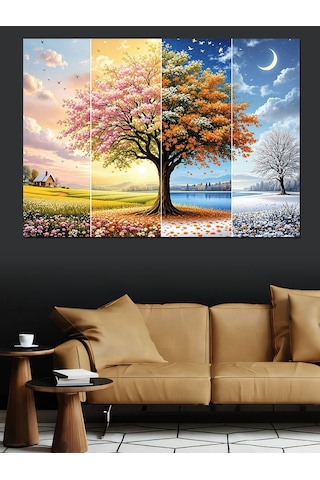 Dört Mevsim Ağaç Manzarası Dekoratif Kanvas - Mdf Ahşap Tablo