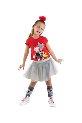 Denokids Mushi Kanka Kediler Kız Çocuk T-shirt Tüllü Tütü Etek Takım Çok Renkli