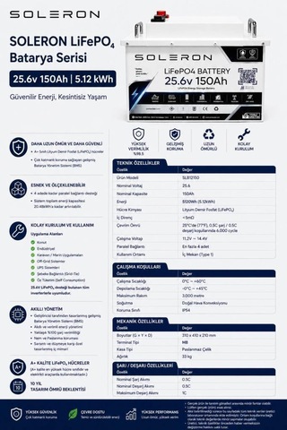 Soleron 25.6v 150ah 5.12kwh Lifepo4 Lityum Akü