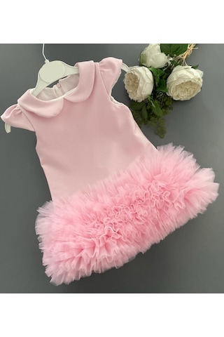Pembe Bebe Yaka Tül Detaylı Kız Çocuk Elbisesi-pembe Pembe