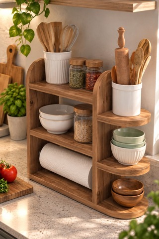 Sulorahome Çam Desenli Mutfak Düzenleyici Raf Ve Kağıt Havlu Askılı Stand Atlantik Çam