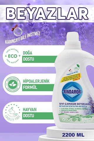 % 100 Doğal Bitkisel Sıvı Çamaşır Deterjanı Organik Lavanta Yağlı - Beyazlar İçin Ultra Beyazlık 2200 ML