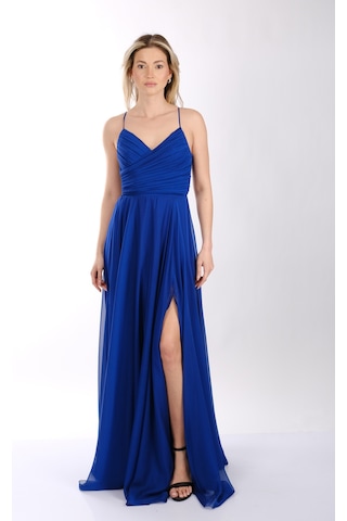 Dori İnce Askılı Önden Yırtmaçlı Drape Kiloş Abiye Elbise 00kb6128 Saks