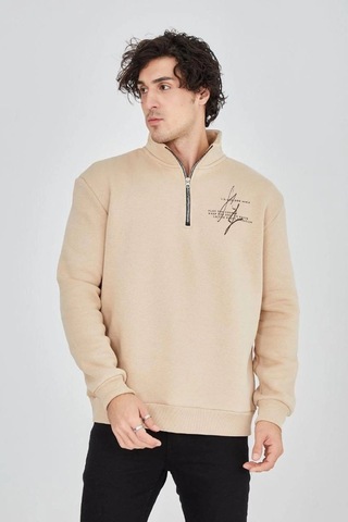 Vinevesta Erkek Yarım Fermuarlı Baskılı 3 İplik Pamuklu Sweatshirt - Bej Çok Renkli