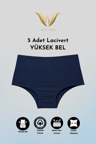 Wcreas Yüksek Bel Pamuklu Kadın Külot, 5'li Paket Pamuklu Yumuşak Kumaş Kadın Külot Lacivert