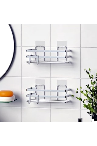 Banyo Düzenleyici Yapışkanlı Metal Banyo Rafı İkili Duş Rafı Organizer Şampuanlık Krom-gnrl281 Krom