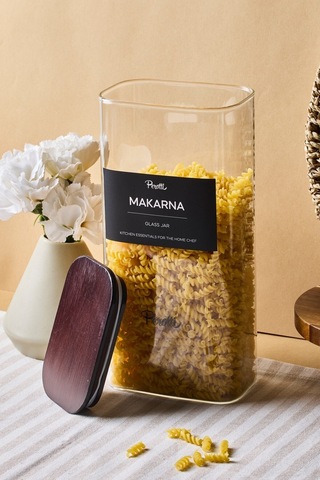 Peter Bambu Kapak Borosilikat Dikdörtgen Cam Kavanoz 1800 Ml 8x12x25 Cm 4 Adet Etiketli Seffaf Şeffaf