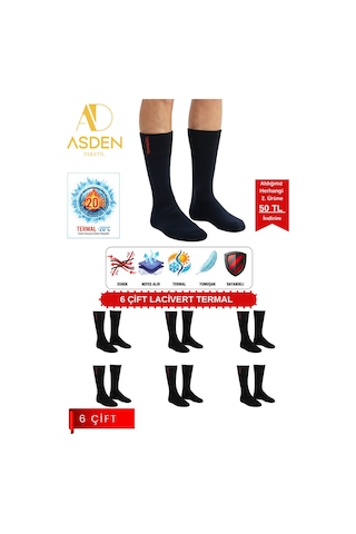 Asden 6 Çift Termal Erkek Çorap Ekstra Kalın Havlu Premium Pamuklu Burun Dikişsiz Kısa Konç Siyah Lacivert6