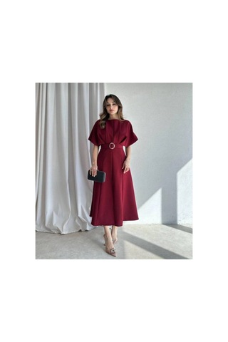 Meecy Maxi Siyah Kemerli Elbise Bordo Bordo
