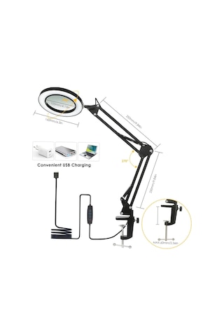 8x Büyüteçli Led 360 Derece Ayarlanabilir Masa Lambası 3 Renk Modlu Metal Esnek Kelepçeli