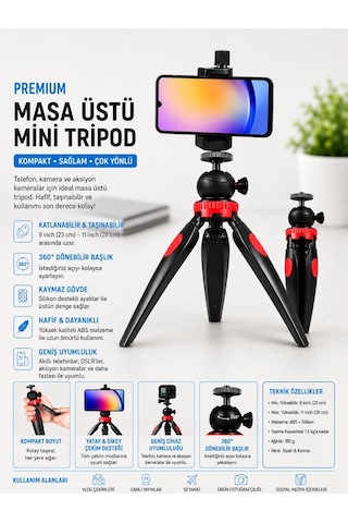 Tripod Modern Tarasım 3 Ayak Mini Kamera Ve Telefon Tripodu + Döner Başlık Telefon Tutucu Siyah