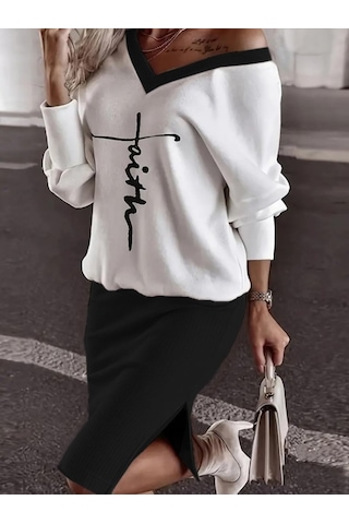 Kadın Uzun Kollu V Yakalı Iki Iplik Bluz Ve Şardonlu Kaşkorse Etek Ikili Takım Siyah