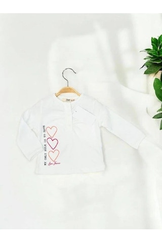 Kız Bebek Pamuklu İnce Uzun Kollu Kalp Desenli Bluz-14897 Ekru