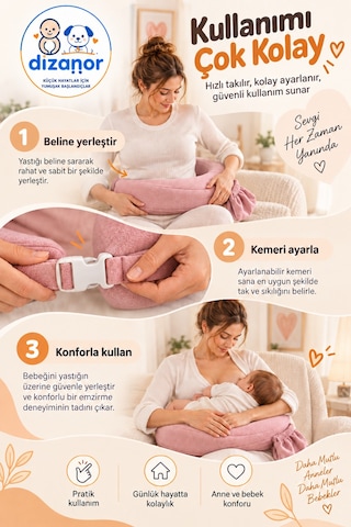 Dizanor Ayarlanabilir Kemerli Çok Amaçlı Emzirme Minderi Fermuarlı Yıkanabilir Kılıf 56x50x11 Cm - Pembe