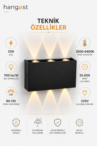 Pilli Gün Işığı 12w 3 Led Çift Yönlü Siyah Duvar Aplik Dekoratif Led Aydınlatma İç Dış Mekan Siyah