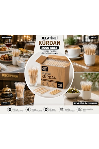 2000 Adet Jelatinli Kürdan Tek Tek Paketli Hijyenik Ahşap Kürdan Restoran Kafe Otel İşletme
