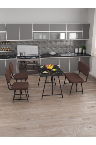 Hayat 70x110 Bendir Mutfak Masası, Mutfak Masası Takımı, Yemek Masası, 2 Sandalye 1 Bench - Kahverengi Kahverengi