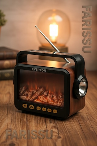 Rt-734 Gerçek Eskitme Görünümlü Şömine Efektli Nostaljik Radyo Güneş Enerjili, Bluetooth'lu, Fenerli