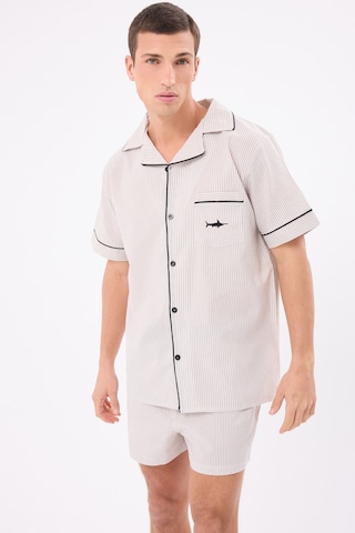 L'espadon Marısılk Seastrıpe Erkek Yazlık Şortlu Gömlekli Pijama & Lounge Takımı-3175 Bej