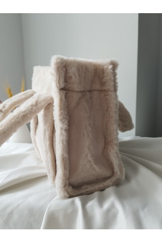 Vivazzaluxe Vintage Peluş Kürk Model Sonbahar, Kış Tote Bag Kadın El, Kol, Omuz Çanta Krem