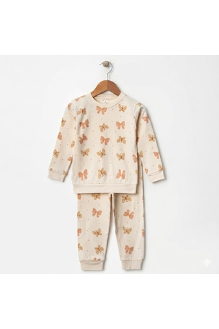 Kız Çocuk Kelebek Desenli %100 Pamuk İnterlok Kumaş Pijama Takımı 3-6 Yaş Krem