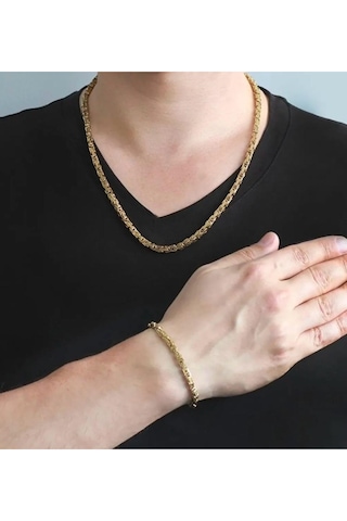 Gold Erkek Çelik Kral Zincir Kolye Bileklik Set 4mm Gold