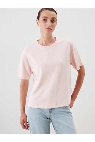 Lcw Comfort Pembe Taşlı Soft Touch Kadın Tişört