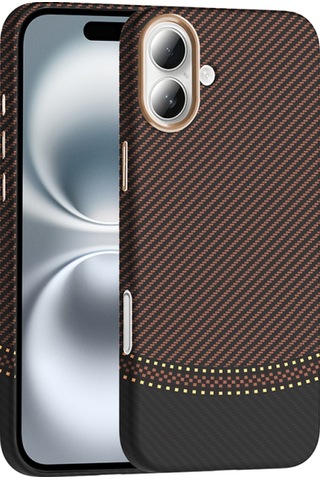 Apple Uyumlu iPhone 16 Kılıf M-safe Şarj Özellikli Karbon Fiber Görünümlü Gros Kapak Gold-Siyah