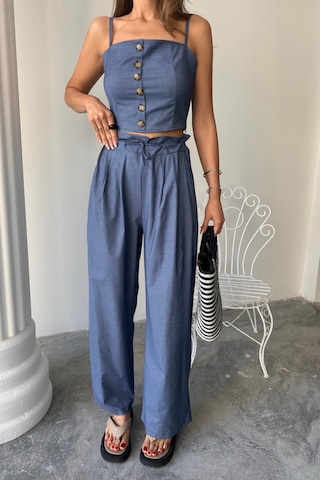 İkales Tencel Crop Askılı Bluz - Şalvar Pantolon Tk - İndigo
