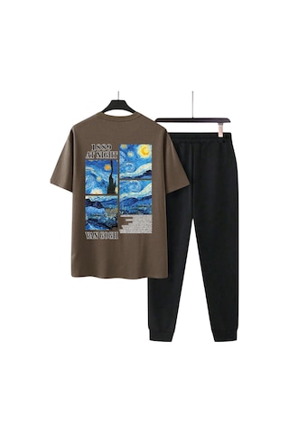 Uyguntarz Unisex Vangogh Baskılı Eşofman Takımı Kahverengi