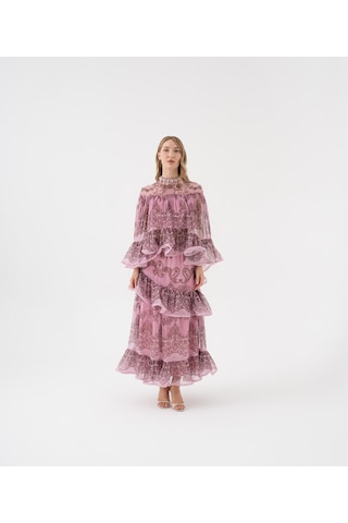 Dantel Desenli Katlı Şifon Volanlı Bluz Mor