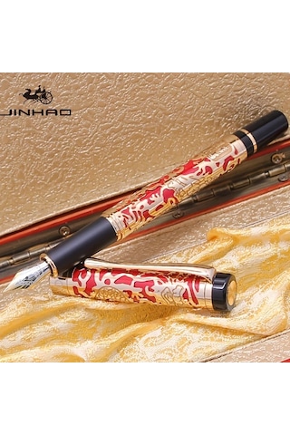 Oldfriend Jinhao 5000 Vintage Sarı Oyma Ejderha Lüks Dolma Kalem İnce Uç Hediye Sarı Oyma