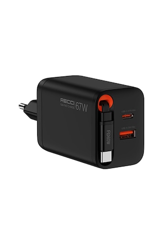 Recci Rc103e Gan Teknolojili Şarj Başlığı Usb-a To Type-c Pd 67w Type-c Kablolu Şarj Seti Siyah