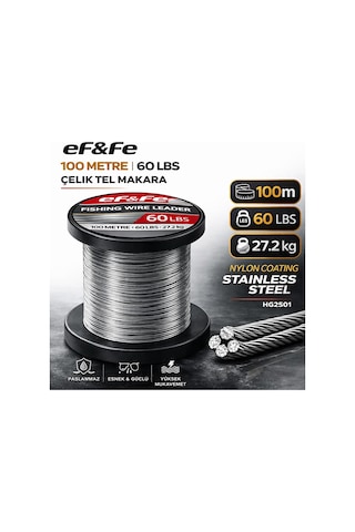 Effe Hg2501 Çelik Tel Makara 100m 60lbs 27.2kg Nylon Coating Stainless Steel 60 Lbs