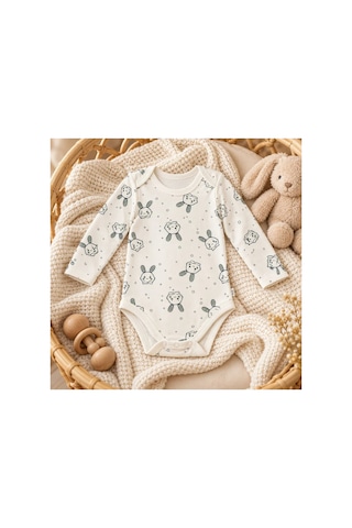 Cantaz Unisex Bebek Tavşan Desenli Uzun Kollu Çıtçıtlı Body Zıbın Krem