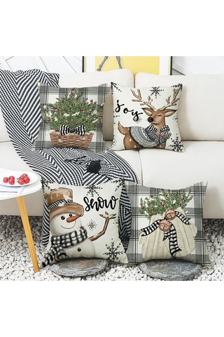 Vkemall 4 Adet Kış Dekoratif Yastık Kılıfı - 45x45 Cm, Geyik Ve Karbon Figürleri, Noel Temalı Yastık Örtüsü Seti Bej