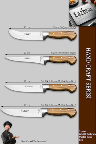 Hand Craft Mutfak Bıçak Seti Et Sebze Bıçağı Masat 9 Lu Mft-257 Ahşap